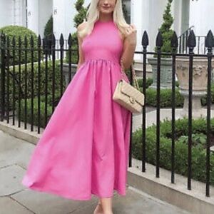 ZARA Pink Bow Tie Neck Open Back Halter Maxi Dress NWT